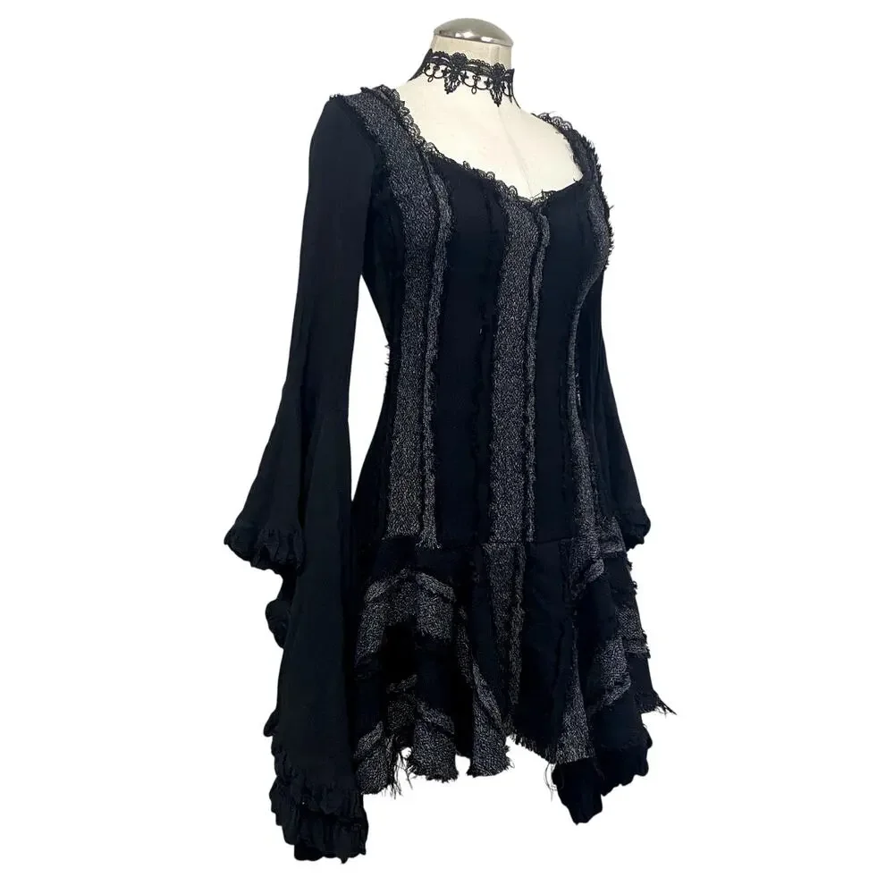 Asymmetrical Striped Layered Flare Dramatic Sleeve Whimsigoth Vamp Gothic Dress - Picture 2 of 12